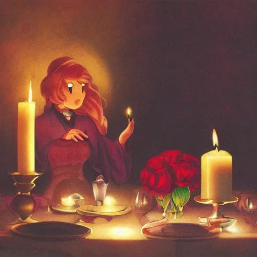 Prompt: kirby romantic dinner, candlelight, roses