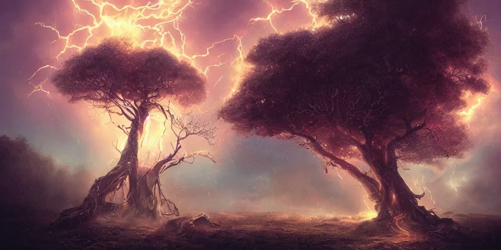 Image similar to tree struck by lightning by tom bagshaw, rococo, 8 k illustration, golden hour intricate, richly detailed, photorealistic imagery, artstation render inspired by alena aenami