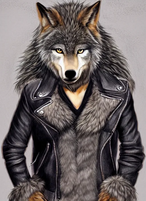 Image similar to award winning beautiful portrait commission of a male furry anthro wolf fursona with a bushy tail and a leather jacket, cute, beautiful, attractive, detailed,