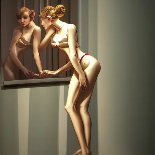 Prompt: gorgeous gynoid touching her own reflection, hyperrealistic, filmatic, dramatic, octane, highly detailed,