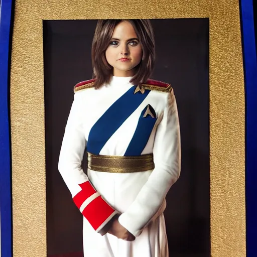 Image similar to a beautiful full body photograph of younger jenna coleman as a star fleet officer from star trek next generation, full dress uniform, symmetrical face, extreme realism and detail, 8 k, completely framed, direct lighting, 3 5 mm photo, photorealistic, sharp focus