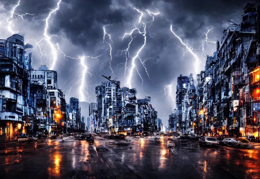 Prompt: futuristic cityscapes at rainy day, cinematic lightning, dramatic, clouds, sky, the time of day is dusk, highly detailed, professional award winning photograph,