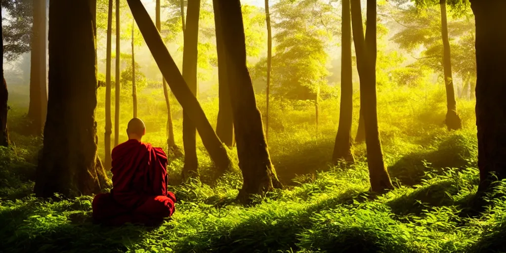 Prompt: buddhist monk in the forest, morning, Fresh, sun rising through the mist
