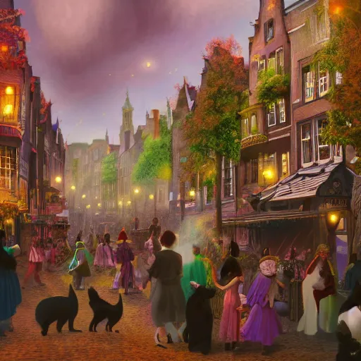 Prompt: A bustling magical town with witches and black cats dancing around a colorful music festival in its center, inspired by Victorian England and Amsterdam, highly detailed, digital painting, artstation, concept art, matte painting