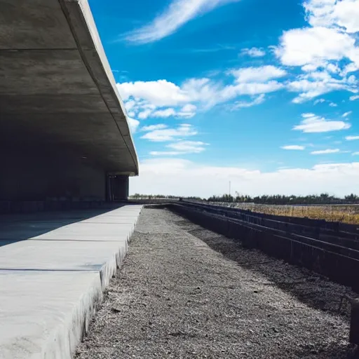 Image similar to a flate endless plane of concrete covered in concrete pillars that go on to the horizon, open sky, blue sky with clouds