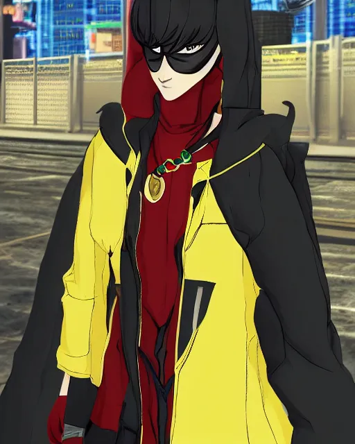 Prompt: Young Arabian half-human wolf. Dressed in yellow cloth. Portrait in Persona 5, Persona 5 style, anime