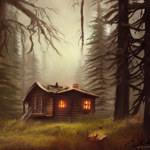 Prompt: a painting of a eerie cabin in the middle of the woods in the style of craig mullins