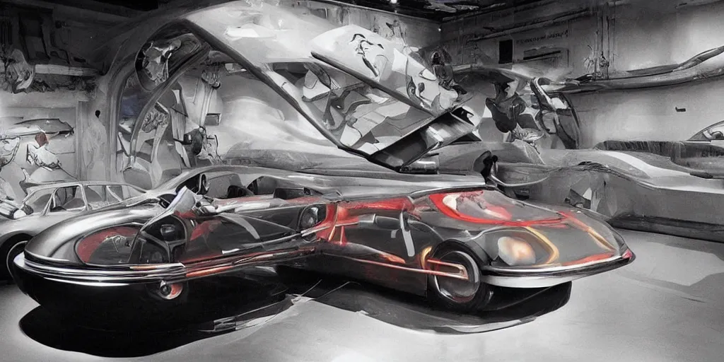 Prompt: A concept model of a 1975 citroen DS, science fiction set painted by James Jean, cinematography by Darren Aronofsky, composition by Fritz Lang
