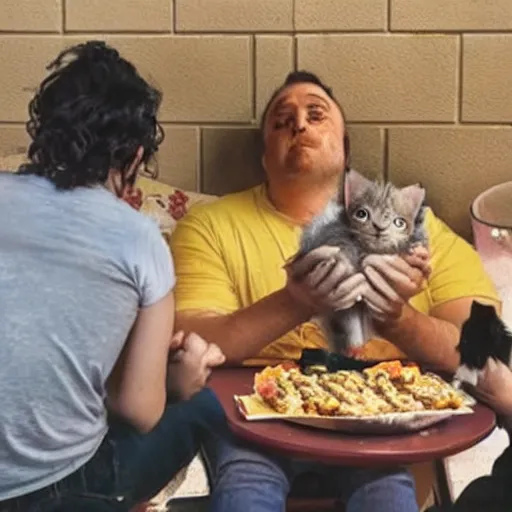 Prompt: a sad man eating taco bell with begging kittens looking at him