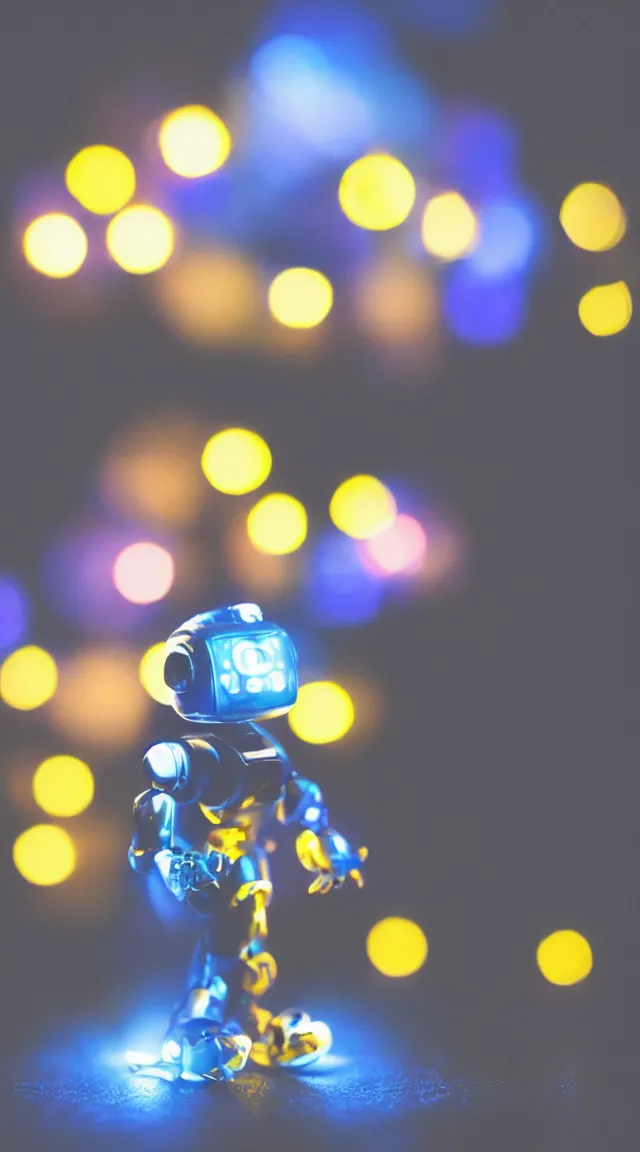 Image similar to tiny robot in the dark, hrd, hyperrealistic, hyper detailed, tiny, lights, bokeh, yellow, purple, blue,