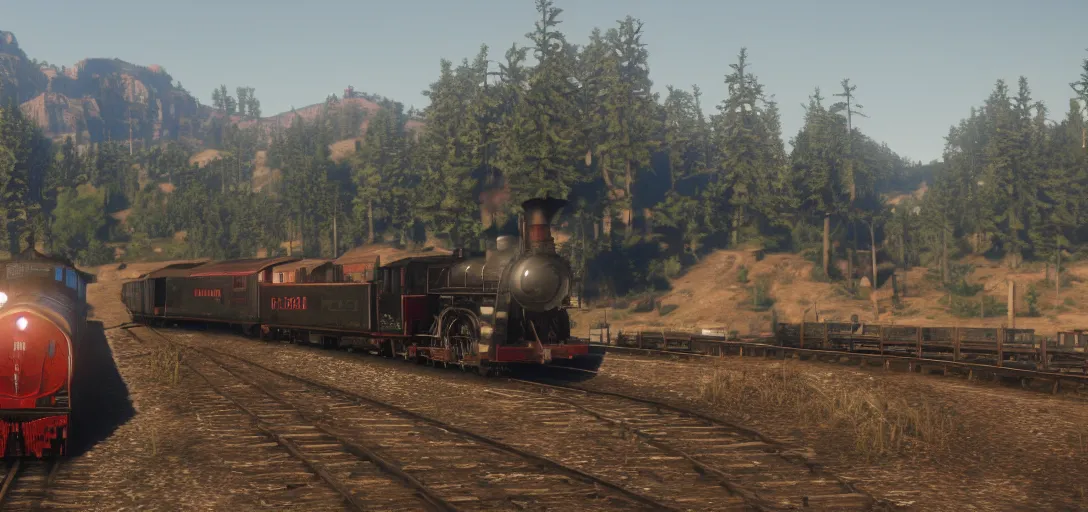 Prompt: A train in red dead redemption 2, screenshot, high quality image, widescreen, 8k, octane render