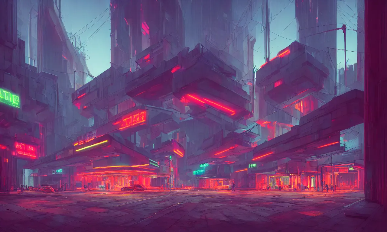 Prompt: brutalist architecture, colorful neon lighting, neon signs, raphael lacoste, eddie mendoza, alex ross, concept art, matte painting, highly detailed, rule of thirds, dynamic lighting, cinematic, detailed, denoised, centered