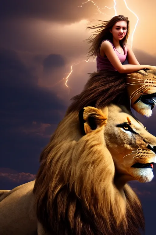 Image similar to girl riding on a lion, extremely detailed, high quality, 4 k, cinematic, dramatic lightning, photo realistic, beautiful face, highly detailed face