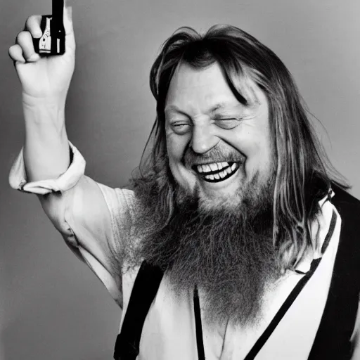 Image similar to robert wyatt laughing maniacally and pointing a gun directly at the camera