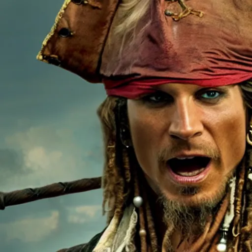 Image similar to Live Action Still of Jerma as a pirate in Pirates of the Caribbean, real life, hyperrealistic, ultra realistic, realistic, highly detailed, epic, HD quality, 8k resolution, body and headshot, film still