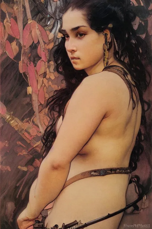 Prompt: portrait of a beautiful chonky young female warrior in the middle of a fight as drawn by by frank frazetta, loish, alphonse mucha, frank frazetta, thomas moran, mandy jurgens, fashion photography 8 k subsurface scattering, soft light