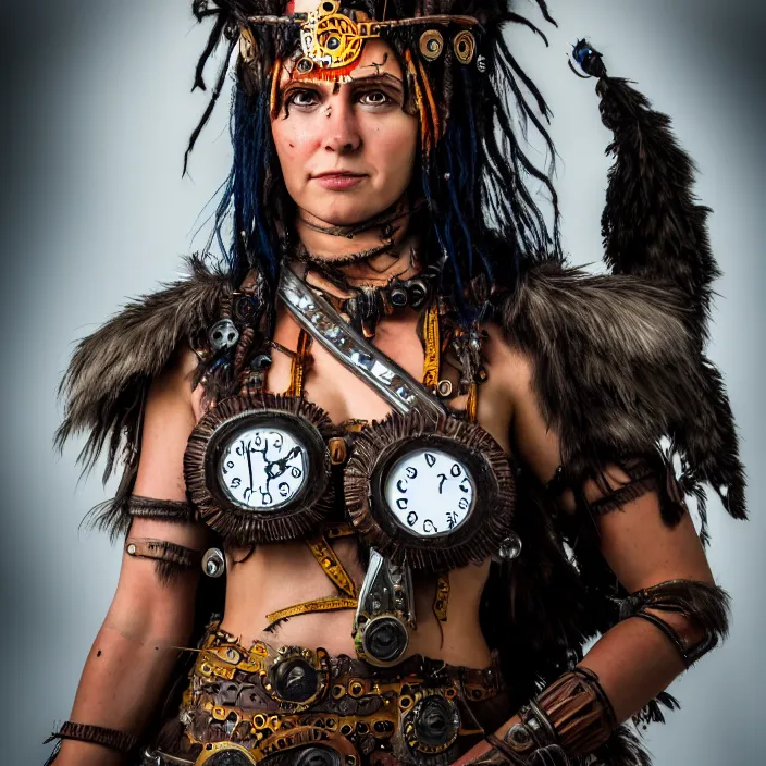 Image similar to full length portrait photograph of a real-life beautiful clockpunk amazon warrior. Extremely detailed. 8k