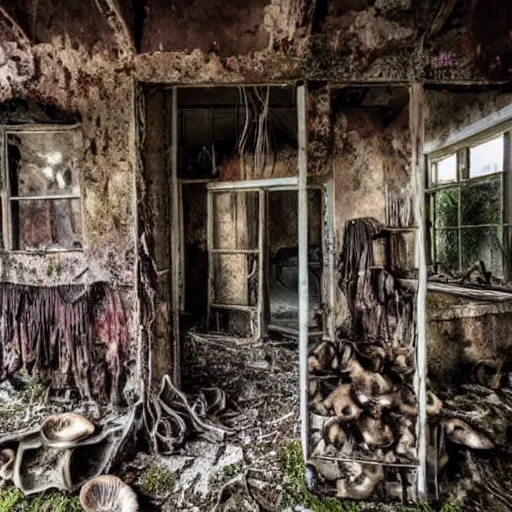Image similar to a creepy, dilapidated house filled with mushrooms and the decaying bodies of warriors