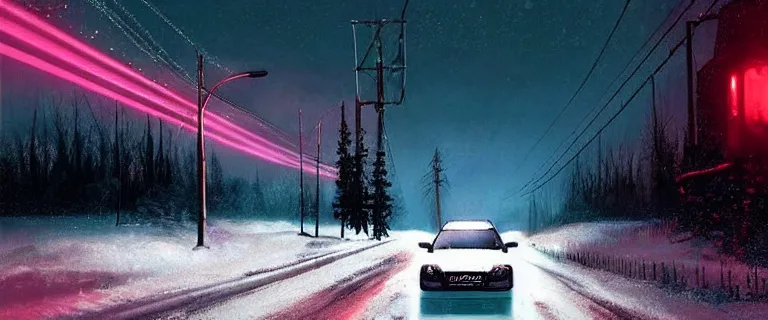 Image similar to Audi A4 B6 Avant (2002), a gritty neo-noir, dramatic bright lighting, cinematic, establishing shot, extremely high detail, photorealistic, cinematic lighting, artstation, by simon stalenhag, Snowy finnish road, At night, Poets of the Fall - Late Goodbye