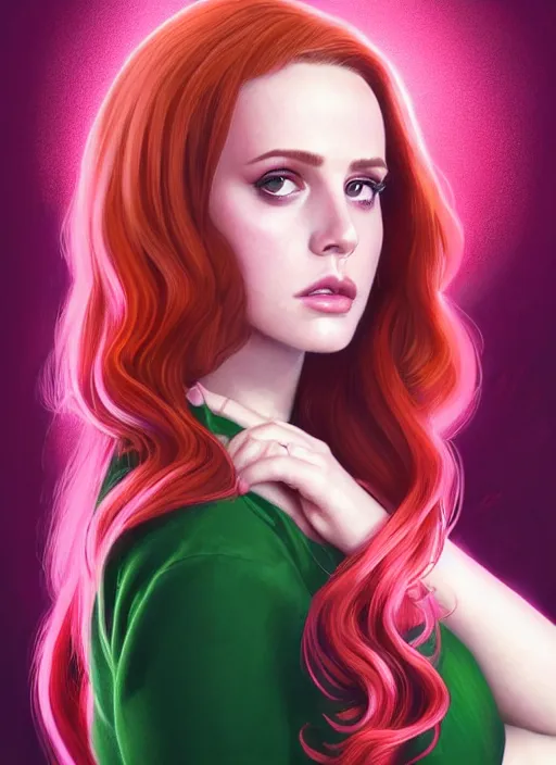 Image similar to full body portrait of teenage cheryl blossom, bangs, green eyes, sultry expression, red hair, sultry smirk, bangs and wavy hair, pink skirt, intricate, elegant, glowing lights, highly detailed, digital painting, artstation, concept art, smooth, sharp focus, illustration, art by wlop, mars ravelo and greg rutkowski