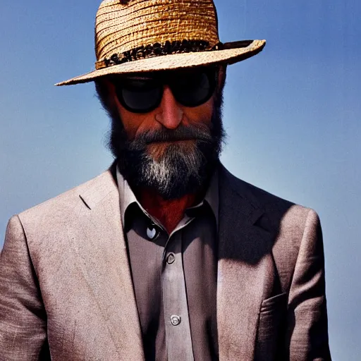 Prompt: film still, extreme long shot, of an enigmatic mysterious man, making a creepy smile, face unseen by wearing a woven fedora and chopard sunglasses, expensive outfit, elegant, casual, intricate, rich moody colors, by annie leibovitz