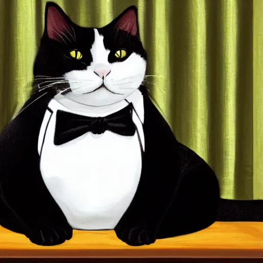 Image similar to a very fat and judgmental cat wearing a full tuxedo sitting in a dimly lit parlor lounge