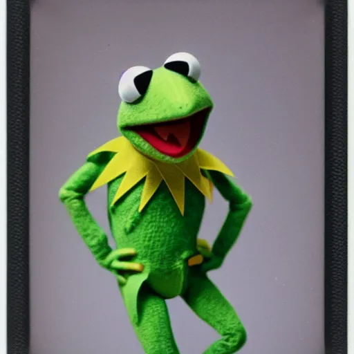 Prompt: Kermit the frog wearing a mohawk, polaroid photo, instax, white frame, by Warhol,