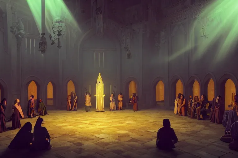 Prompt: cultist secret meeting taking place in an art deco townhall in a oriental medieval fantasy village. incredible voluminous indirect soft glow cinematic lighting, hyperdetailed features, movie still, intricate, octane render, unreal engine, crepuscular rays, god rays, by beeple and rhads and donato giancola