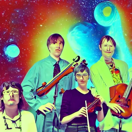 Prompt: a string quartet playing, computer hackers typing, space age concert, a band pic from a psychedelic band