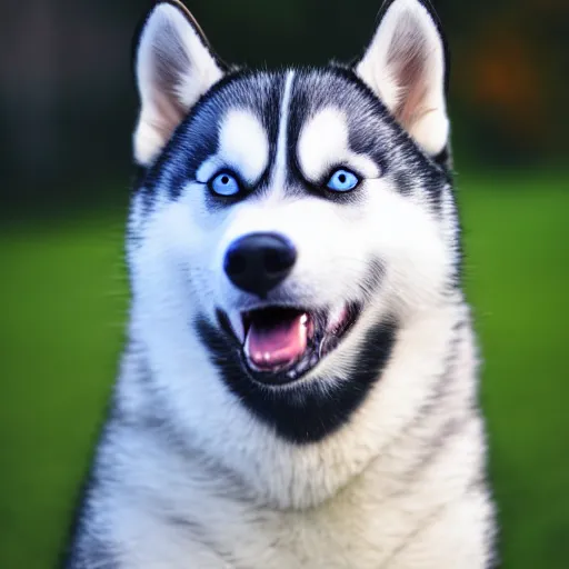 Prompt: a husky wearing a black jacket with blue eyes