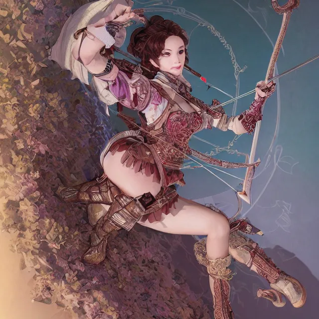 Image similar to the portrait of lawful neutral semi - colorful female archer socialite as absurdly beautiful, gorgeous, elegant, young gravure idol, an ultrafine hyperdetailed illustration by kim jung gi, irakli nadar, intricate linework, bright colors, octopath traveler, final fantasy, unreal engine 5 highly rendered, global illumination, radiant light, detailed and intricate environment