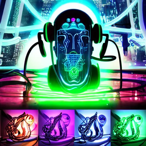 Image similar to cyberpunk octopus with headphones playing synthesizers, lights, lasers, music, highly detailed, realistic,