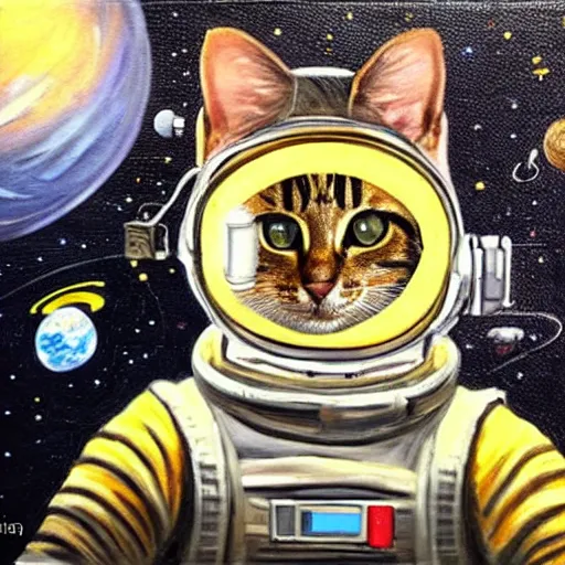 Image similar to a cat astronaut in front of a space station, oil painting