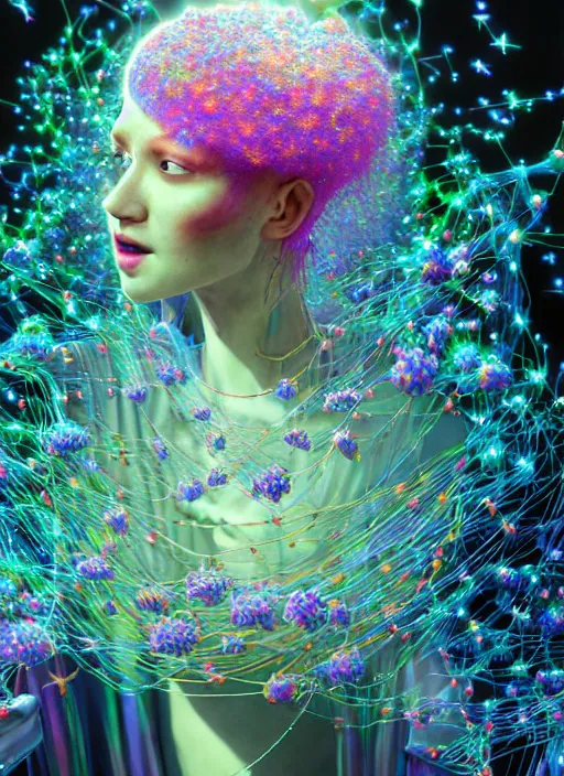 Image similar to hyper detailed 3d render like a Oil painting - Aurora (evocative cyberpunk and oil rainbow faced Singer) seen Eating of the Strangling network of sappy milky Fruit and Her delicate Hands hold of gossamer polyp blossoms bring iridescent fungal flowers whose spores black out the foolish stars by Jacek Yerka, Mariusz Lewandowski, Houdini algorithmic generative render, Abstract brush strokes, Masterpiece, Edward Hopper and James Gilleard, Zdzislaw Beksinski, Mark Ryden, Wolfgang Lettl, hints of Yayoi Kasuma, octane render, 8k