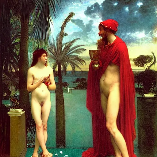 Image similar to blood dripping chalice at the palace, thunderstorm, greek pool, beach and palm trees on the background major arcana sky, by paul delaroche, alphonse mucha and arnold böcklin arnold böcklin hyperrealistic 8k, very detailed