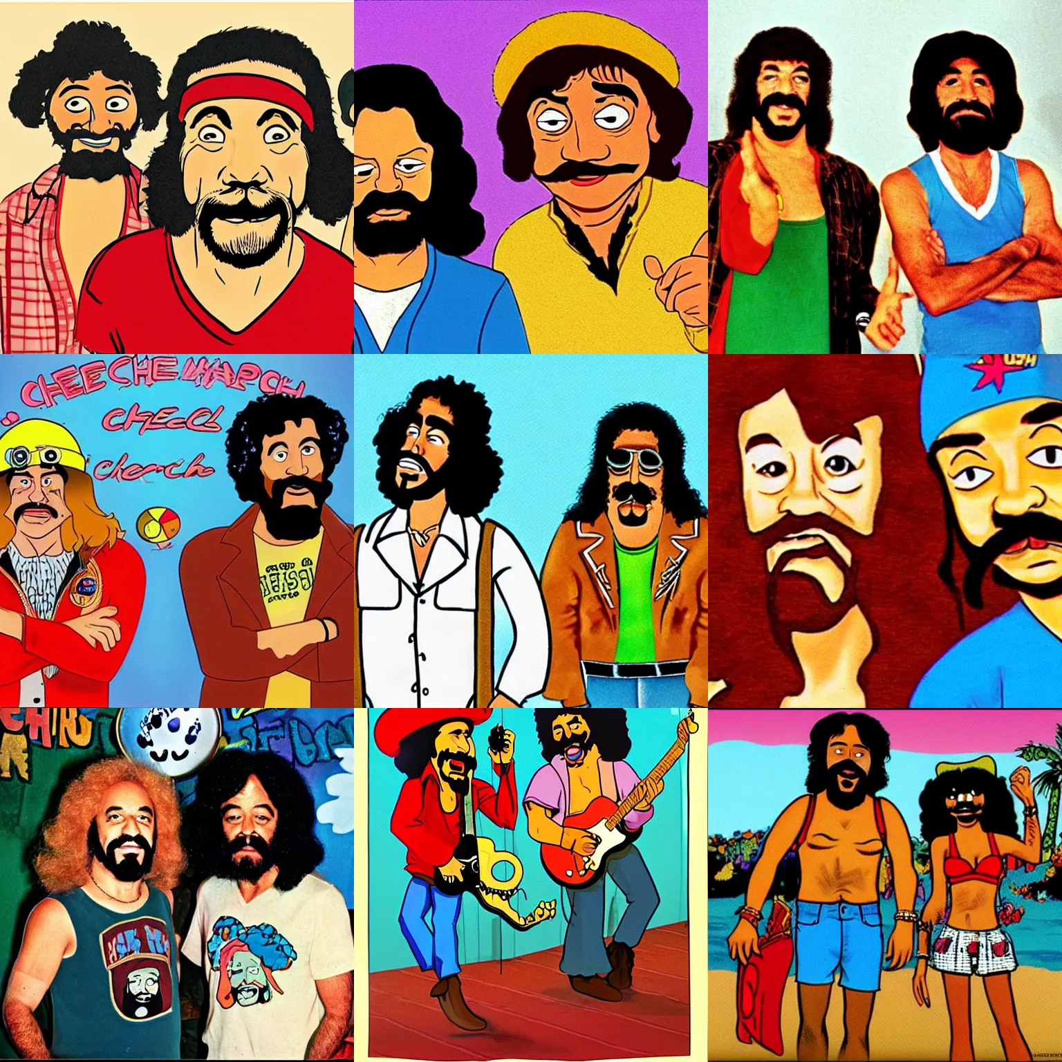 Prompt: 1 9 7 0 s theme cheech and chong cartoon look - alikes,