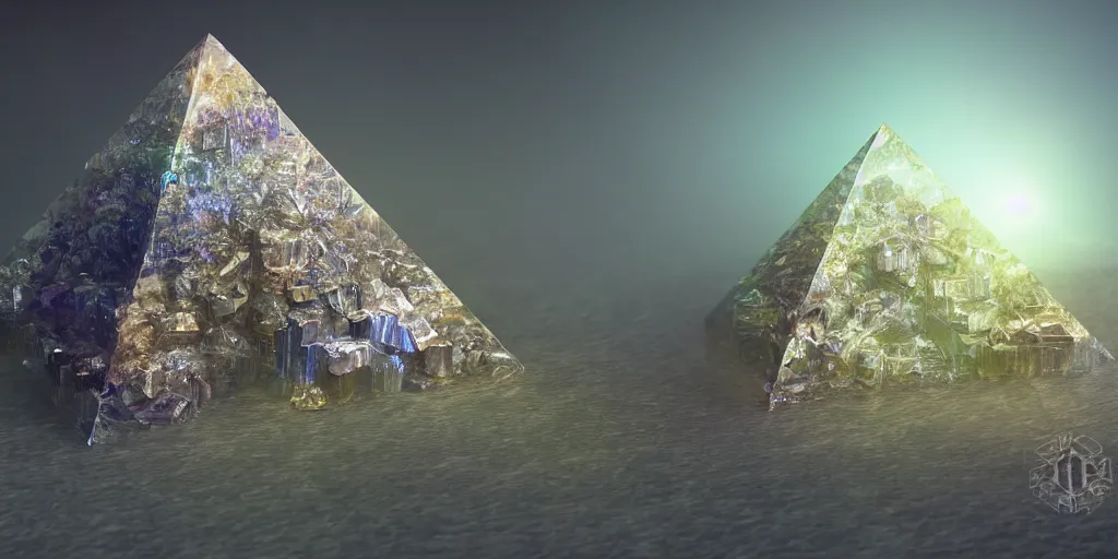 Image similar to Quartz crystal, bismuth fractal, translucent pyramid, refraction, fantasy landscape, detailed matte painting