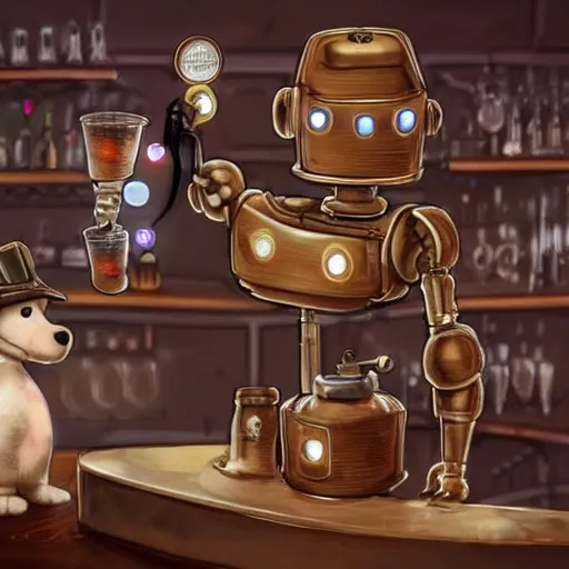 Prompt: a steampunk robot is at the bar and orders a drink from a (TY fluffy beanie baby puppy) bartender, cgsociety, old master.