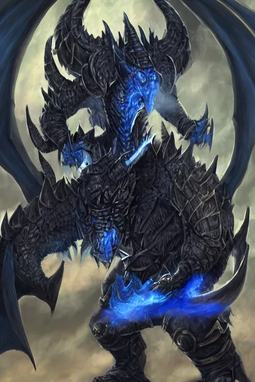 Image similar to a dark blue dragonborn with large tusks, half of his face flaming with blue flame, he wears a black dragon scales armor