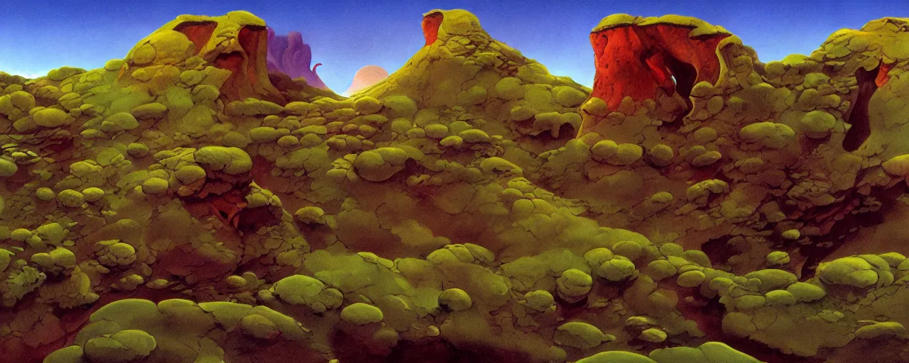 Image similar to otherworldly landscape by roger dean, [ cinematic, epic, opening shot, establishing, mattepainting, 4 k ]