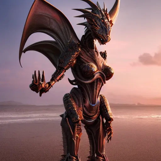 Image similar to a highly detailed beautiful majestic anthropomorphic robot female dragon, with smooth and streamlined mechanical armor, standing and posing elegantly on a beach, well detailed head with LED eyes, with sharp claws on her hands and feet, two arms, two legs, long tail, artstation, DeviantArt, professional, octane render, sunset lighting