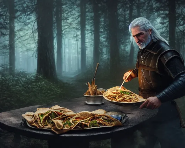 Image similar to 5 5 mm portrait photo of geralt of rivia serving shawarma, in a magical forest. dark atmosphere. art by greg rutkowski. highly detailed 8 k. intricate. lifelike. soft light. nikon d 8 5 0.