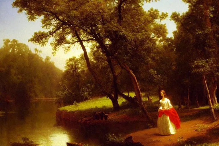 Prompt: scenic western painting of a woman in a traditional white dress walking through a forest river, horses, radiant light, oil on canvas, albert bierstadt