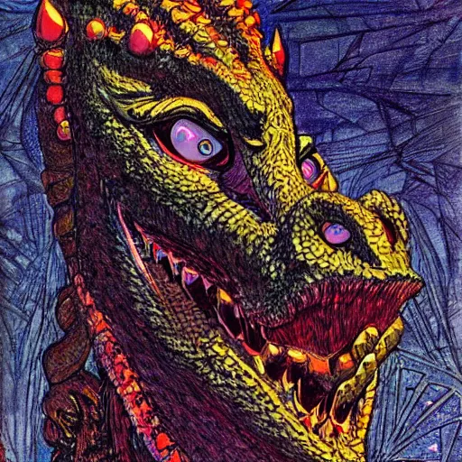 Image similar to portrait of dragon from shrek by Philippe Druillet