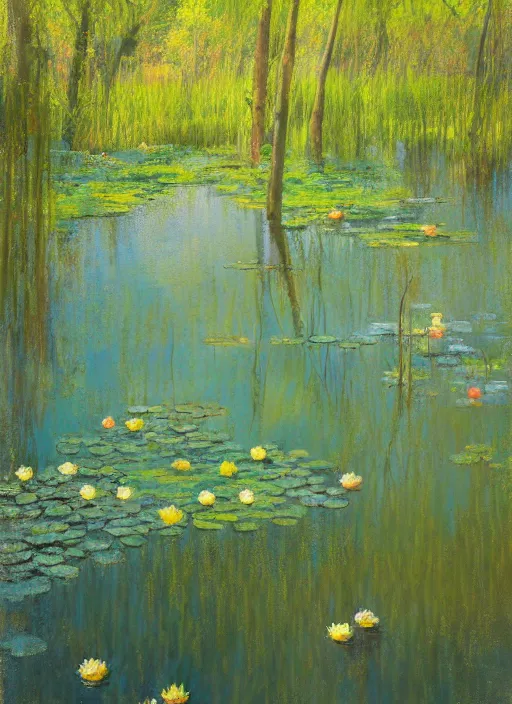 Image similar to painting of a beautiful nymph wading knee height in a shallow pond, obscured by water lilies, aspen grove in the background, by Jeremy Mann, stylized, detailed, loose brush strokes, pastel colors, green and yellow tones