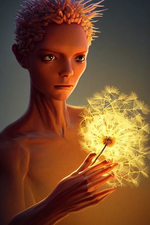 Image similar to a humanoid figure dandelion monster. amber glowing, intricate artwork by tooth wu wlop beeple dan mumford concept art, octane render, trending on art station