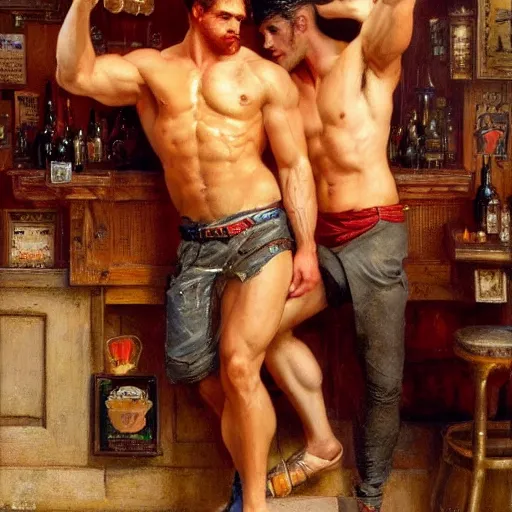 Image similar to attractive muscular male with red hair and attractive muscular male with black hair. pants and shorts, drinking their hearts out, having fun, in a pub. highly detailed and very defined painting by gaston bussiere, j. c. leyendecker, craig mullins 8 k