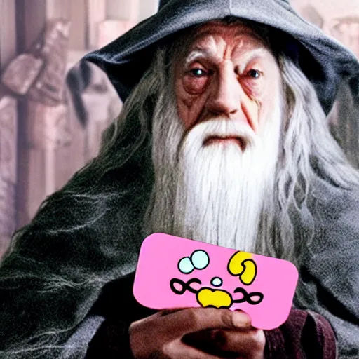 Image similar to portrait of Gandalf dressed up as hello kitty, holding up a playing card to the camera, movie still from Lord of the Rings