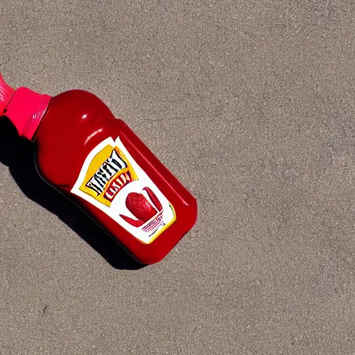 Prompt: a heinz ketchup bottle lying on a cement floor