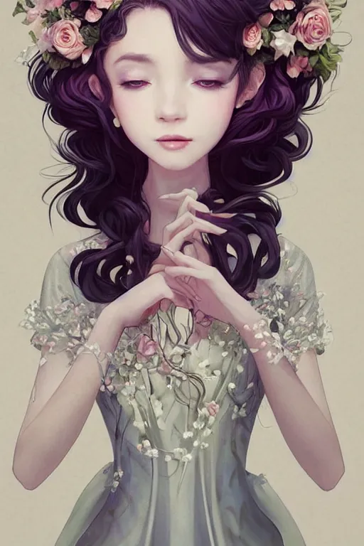 Image similar to romantic and fashion and love princess of the flower with sheath dress, 8 k realistic, teenager girl, baroque, symmetrical, flowing hair, smile, trending pinterest and pixiv, muted colors, hyperrealistic, l close up shot, character concept art, face by kyoung hwan kim, alexandra fomina, ilya kuvshinov